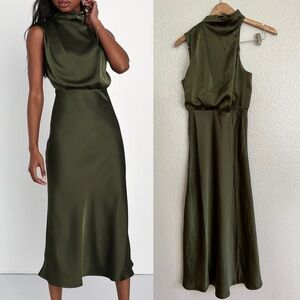 NWOT Distinctive Charm Olive Green Satin Asymmetrical Midi Dress